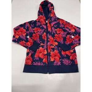 Lands End Size S Pink Terry Cloth Full Zip Hoodie Floral Tropical